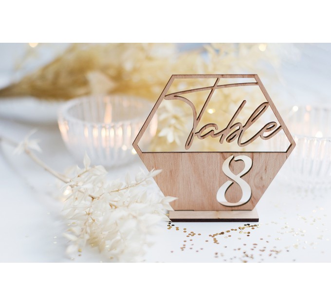 hexagon table number, wedding decoration, modern table numbers, birthday centerpiece, reception sign, anniversary decor, wood table numbers, bride and groom, boy baptism decor, communion decor, holiday party decor, graduation decor, mr and mrs seating