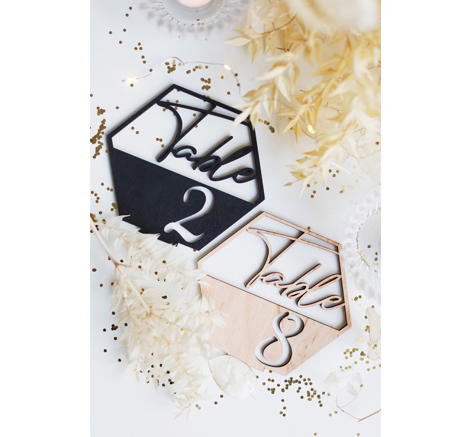 hexagon table number, wedding decoration, modern table numbers, birthday centerpiece, reception sign, anniversary decor, wood table numbers, bride and groom, boy baptism decor, communion decor, holiday party decor, graduation decor, mr and mrs seating