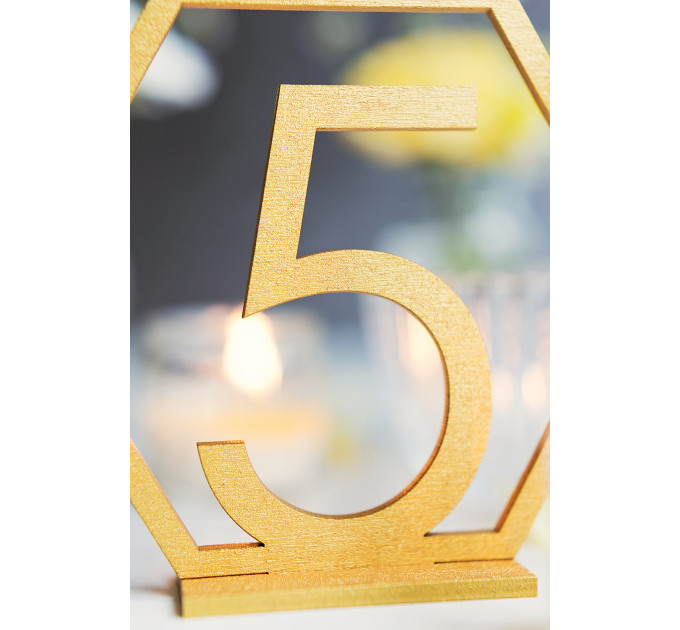 Table Numbers Hexagon table numbers Wedding Table Numbers Gold table numbers Table decoration Numbers with base Wood table numbers