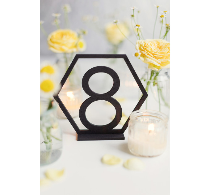 Table Numbers Hexagon table numbers Wedding Table Numbers Gold table numbers Table decoration Numbers with base Wood table numbers