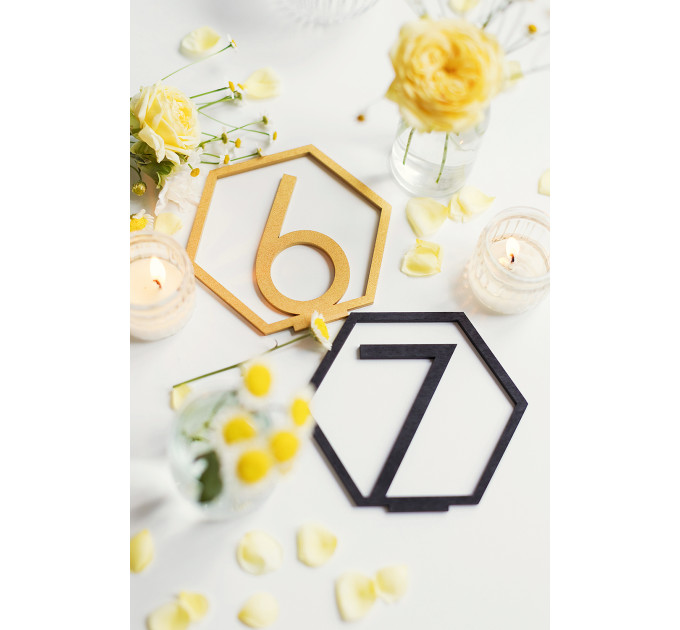 Table Numbers Hexagon table numbers Wedding Table Numbers Gold table numbers Table decoration Numbers with base Wood table numbers
