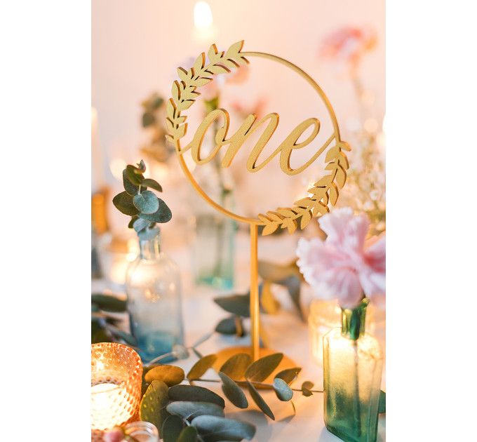 Wooden table numbers, floral wedding centerpiece, rustic table decor, bohemian reception decoration, bridal shower or baptism party decor