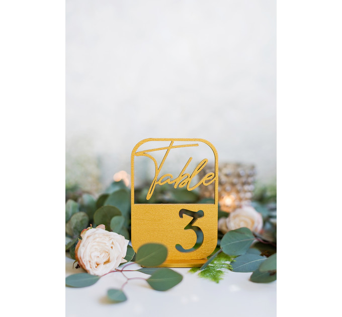 Table numbers, modern table numbers, boho wedding sign, wooden golden table number decoration, anniversary party centerpiece