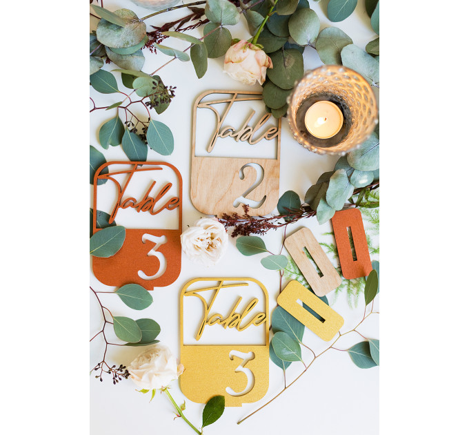 Table numbers, modern table numbers, boho wedding sign, wooden golden table number decoration, anniversary party centerpiece