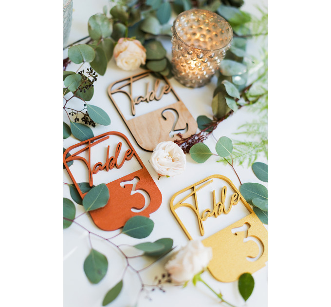 Table numbers, modern table numbers, boho wedding sign, wooden golden table number decoration, anniversary party centerpiece